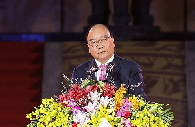 Chủ tịch nước Nguyễn Xuân Phúc phát biểu tại lễ khánh thành Đền thờ Vua Hùng. Ảnh: Vietnamnet