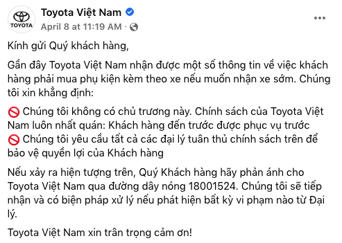 Toyota Việt Nam nói gì về thông tin đại lý bán xe kiểu "bia kèm lạc"?