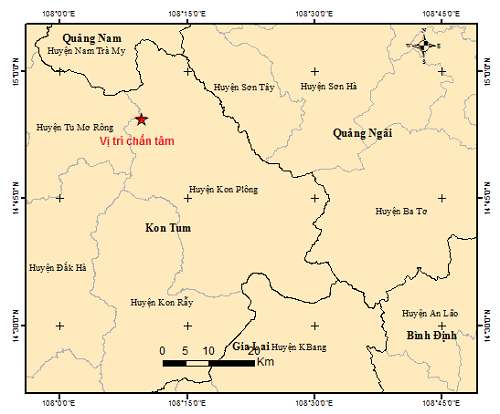 Vị trí tâm chấn động đất ở Kon Tum. Ảnh: Viện Vật lý địa cầu.