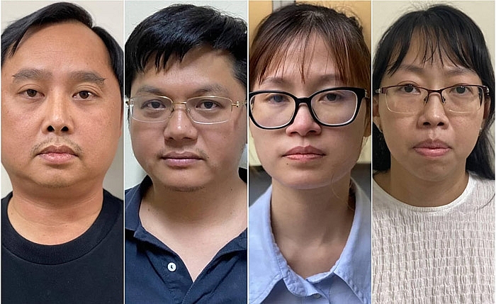 Các bị can từ trái qua: Đỗ Thành Nhân, Đỗ Đức Nam, Trịnh Thị Thúy Linh, Lê Thị Thùy Liên. Ảnh: Bộ Công an
