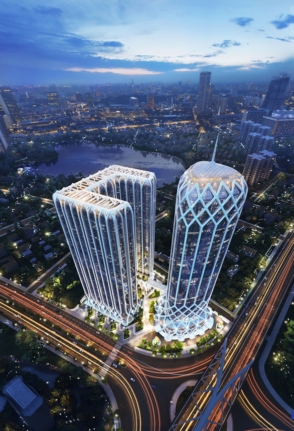 Diamond Crown Hai Phong là một trong những tòa tháp đôi đầu tiên tại châu Á sử dụng thiết kế mắt võng Diagrid kết hợp với những khối pha lê (Ảnh: DOJILAND).