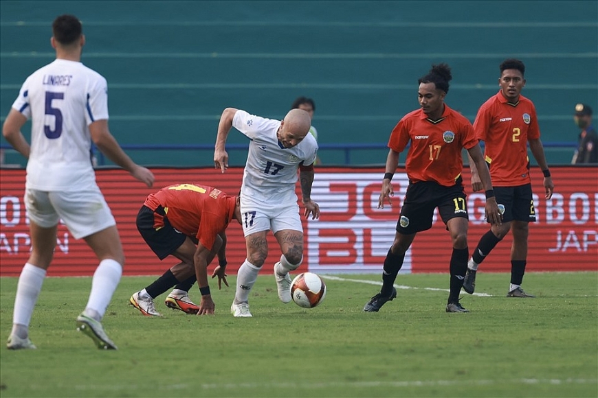 U23 Philippines (áo trắng) có sự tiến bộ so với kỳ SEA Games 30 trên sân nhà. Ảnh: Hải Nguyễn
