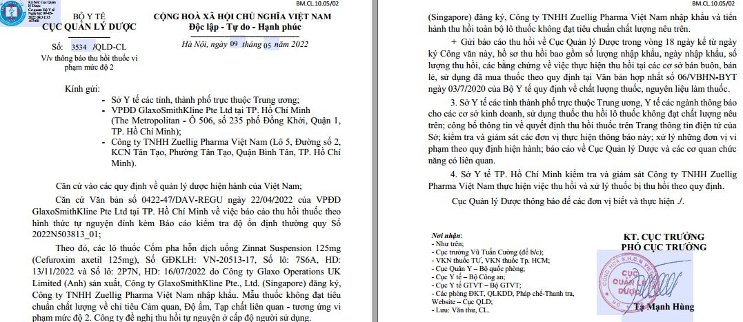 Thu hồi các lô thuốc kháng sinh Cốm pha hỗn dịch uống Zinnat Suspension 125mg