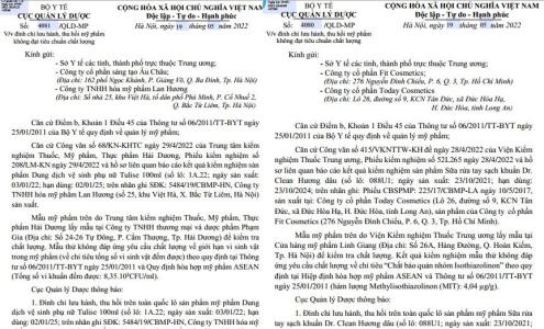 Đình chỉ lưu hành và thu hồi toàn quốc lô sản phẩm không đạt tiêu chuẩn chất lượng
