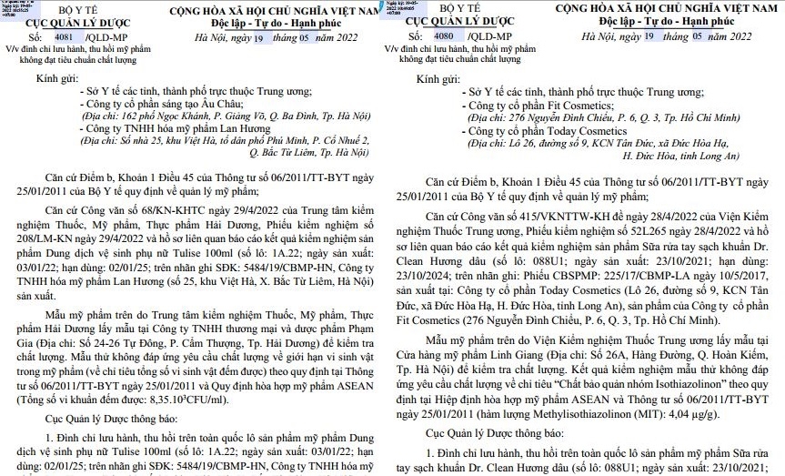 Đình chỉ lưu hành và thu hồi toàn quốc lô sản phẩm không đạt tiêu chuẩn chất lượng