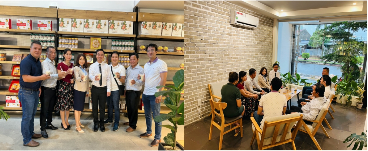 Các vị khách mời thưởng thức sữa hạt điều tại quán "Bà Tư Café & More" của Công ty Cổ phần Tập đoàn Gia Bảo (P.Tân Phú, TP. Đồng Xoài, Bình Phước), nơi bày bán các đặc sản địa phương