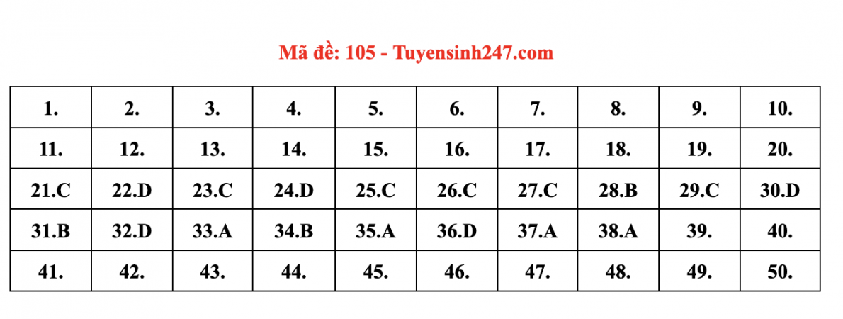 Gợi ý đáp án đề thi môn Toán Tốt nghiệp THPT 2022