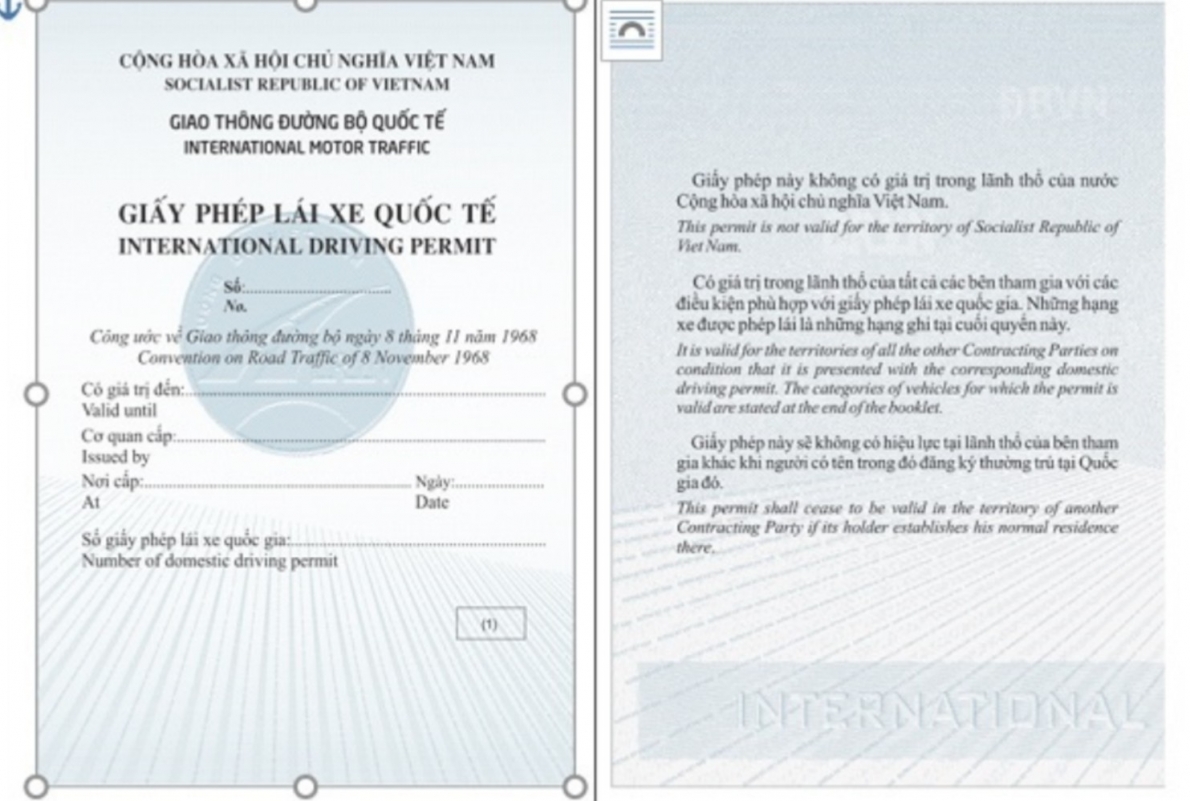 Mẫu giấy phép lái xe quốc tế do Việt Nam cấp (Ban hành kèm theo Thông tư số 29/2015/TT-BGTVT ngày 6/7/2015 của Bộ trưởng Bộ Giao thông vận tải)